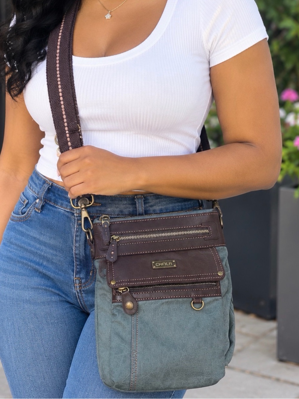 Chala Gemini 3-Way Teal and Brown Crossbody Bag
